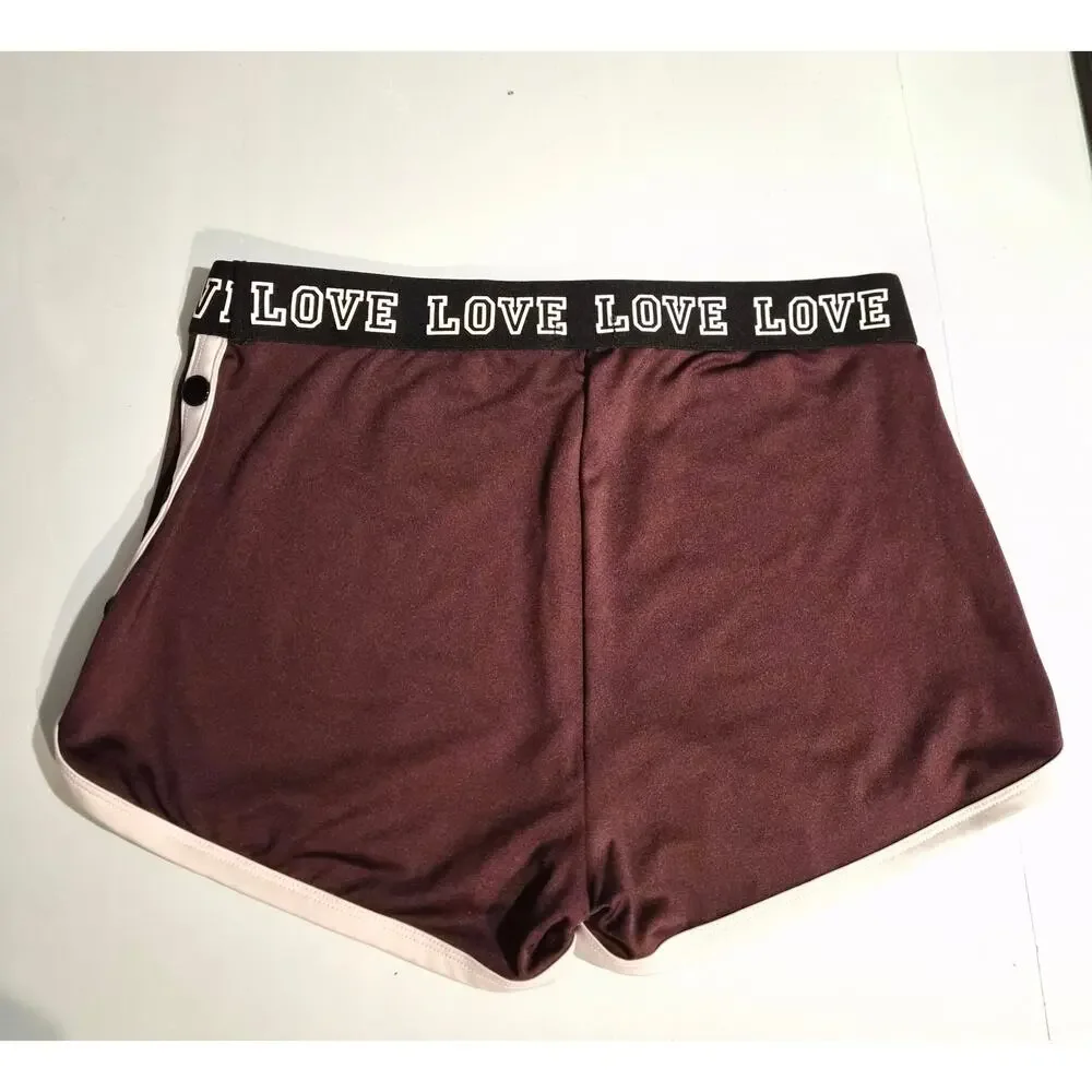 Bozzolo Love Graphic Waistband Snap Button Side‎ Dolphin Shorts Burgundy L